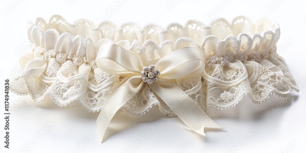 Elegant White Lace Wedding Garter Isolated on White Background - Bridal Accessory Elegant White Lace Wedding Garter Isolated on White Background - Bridal Accessory