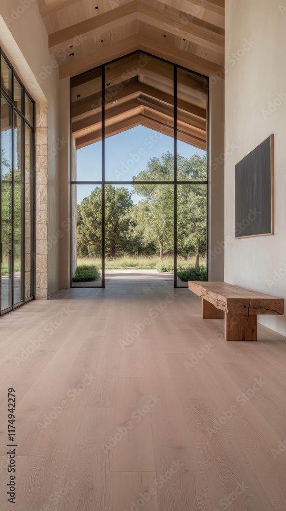 Obraz premium A serene farmhouse hallway with large windows, light wood flooring, and a minimalist bench, offering a view of greenery outside.