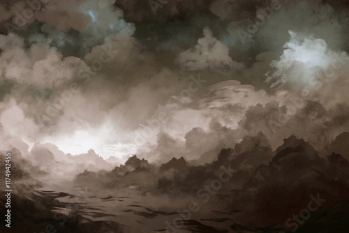 Dramatic cloud formations, moody atmosphere, digital painting, serene landscape, abstract nature scene.