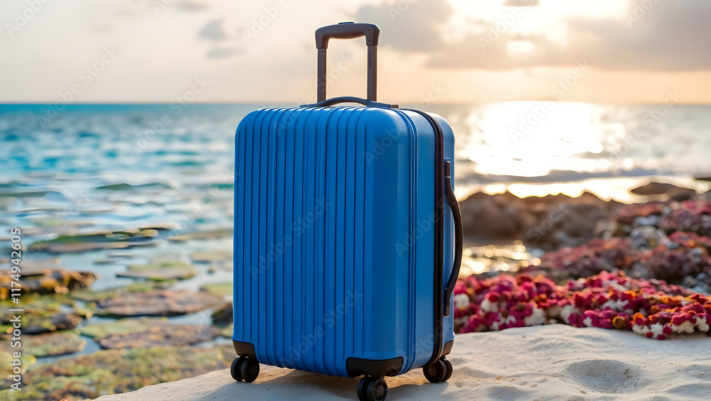 Blue Suitcase Resting on a Scenic Sandy Beach With Ocean Waves Blue Suitcase Resting on a Scenic Sandy Beach With Ocean Waves