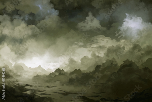 Dramatic cloudy sky, moody atmosphere, abstract landscape, soft textures, serene water reflection, nature scene.