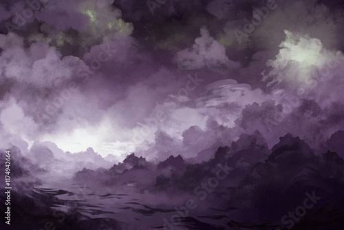 Dramatic cloud formations, moody atmosphere, abstract landscape, purple hues, digital painting, serene water reflections.