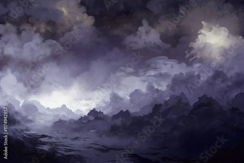 Dark stormy clouds, moody atmosphere, dramatic seascape, abstract art, digital painting, atmospheric landscape, nature background.