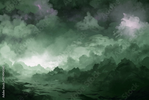 Dark atmospheric clouds, moody landscape, green tones, digital painting, serene water reflection, nature scene.