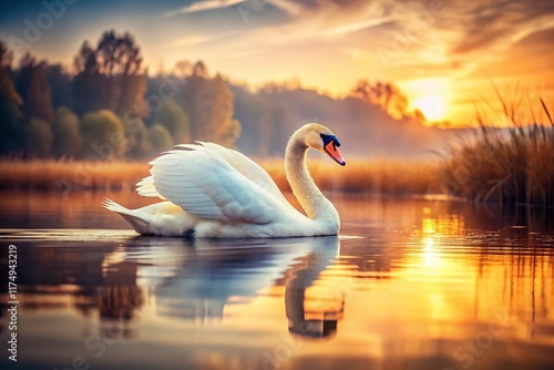 Fototapeta Naklejka Na Ścianę i Meble -  Elegant White Swan in Vintage Style Lake Photography