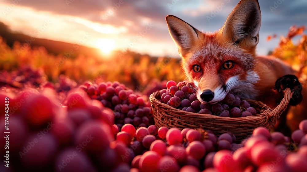 Fototapeta premium An adorable fox rests with a basket of luscious red grapes during sunset in a picturesque vineyard, embodying the peacefulness and charm of rural harvest times.