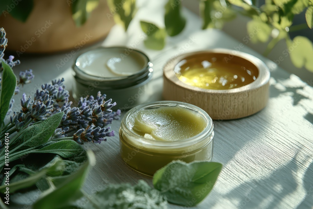 Soothing Balm and Natural Oils: Close-up of Herbal Skincare Products with Sage and Lavender Soothing Balm and Natural Oils: Close-up of Herbal Skincare Products with Sage and Lavender