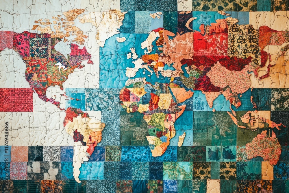 Fototapeta premium World map collage, textured, colorful, patterned fabric.