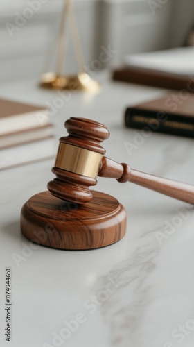 A close-up of a judge's gavel resting on a desk, surrounded by legal books, conveying a sense of justice and authority.