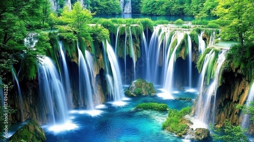 A serene waterfall surrounded by lush greenery and clear waters.