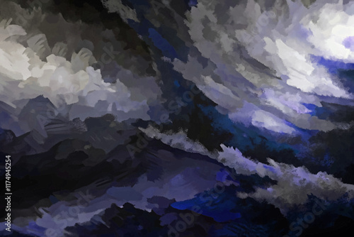 Abstract stormy sky, dark clouds, swirling patterns, dramatic lighting, textured brush strokes, moody atmosphere.