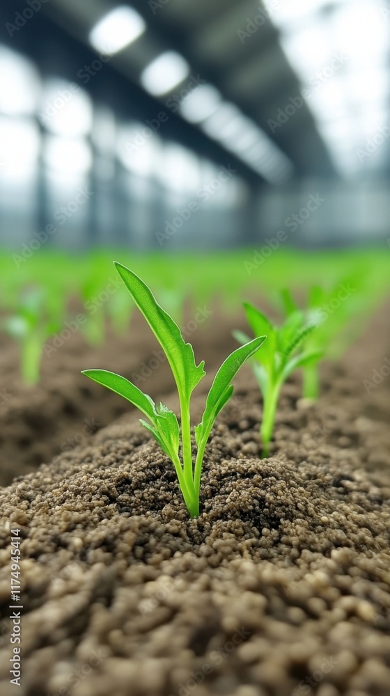 A close-up view of young corn sprouts emerging from the soil in a greenhouse setting, captured with cinematic detail and natural lighting. A close-up view of young corn sprouts emerging from the soil in a greenhouse setting, captured with cinematic detail and natural lighting.