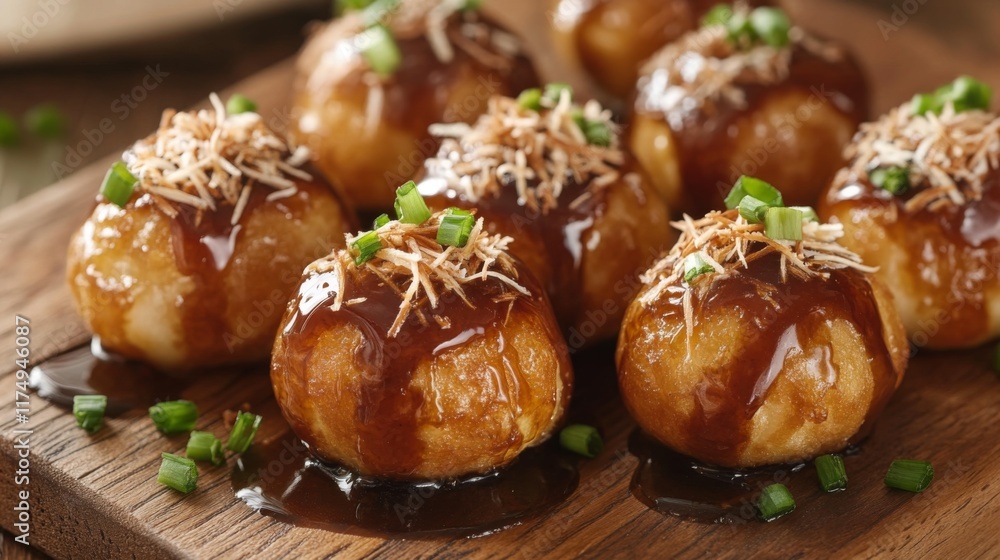 A close-up of freshly made takoyaki balls on a wooden plate, drizzled with takoyaki sauce, topped with bonito flakes and green onions A close-up of freshly made takoyaki balls on a wooden plate, drizzled with takoyaki sauce, topped with bonito flakes and green onions