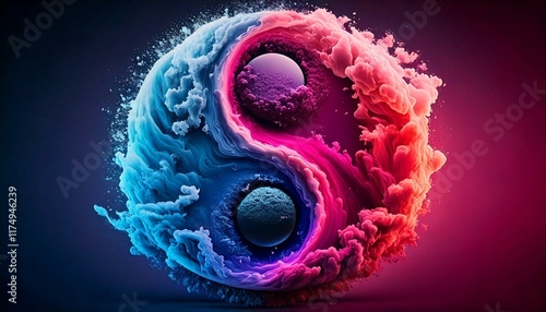 a yin-yang symbol with two halves, one blue and one red, on a black background The blue half is slightly darker than the red half, creating a contrast between the