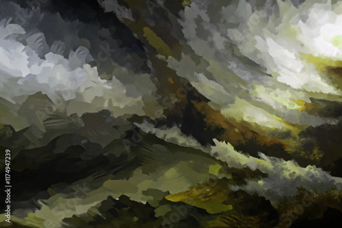 Dramatic cloud formations, abstract landscape, moody colors, textured brush strokes, atmospheric scene, nature-inspired art.