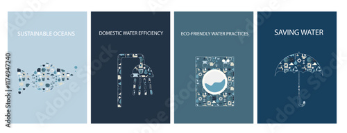 Water conservation card templates. Icons in abstract flat style. Water poster set. Fish, Shower, washing machine and umbrella. Environment day. World water day. Water concept. Vector illustration