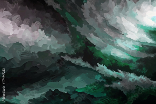 Abstract ocean waves, dark stormy clouds, green and gray palette, dynamic brush strokes, moody atmosphere, artistic expression.