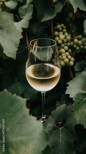 A glass of white wine is elegantly placed among lush green grape leaves and grapes in a serene outdoor setting.