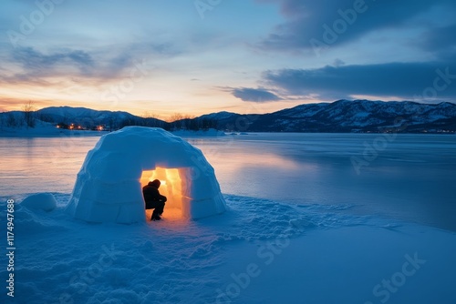 Person sits inside snow shelter near frozen lake at sunset. photo