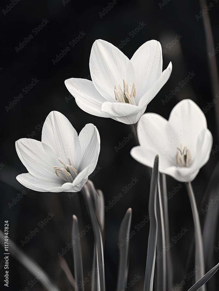 Fototapeta premium Close up of three white flowers with a black background. The flowers are in a field and are surrounded by grass