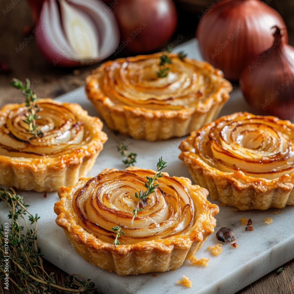 Set of caramelized onion tartlets with thyme on marble serving board Set of caramelized onion tartlets with thyme on marble serving board
