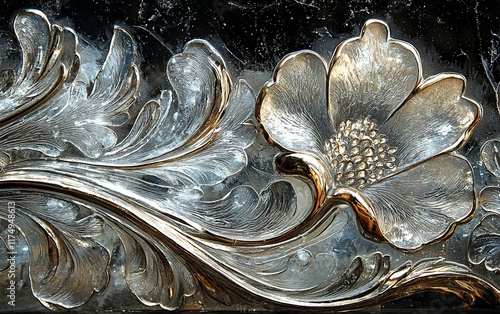 Intricate silver and gold floral engraving detail. photo