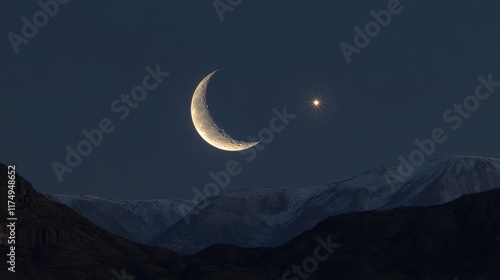 A thin crescent moon glows beside Venus over snow-capped mountains. Ideal for desktop wallpapers, nature photography websites, or astronomy blogs.