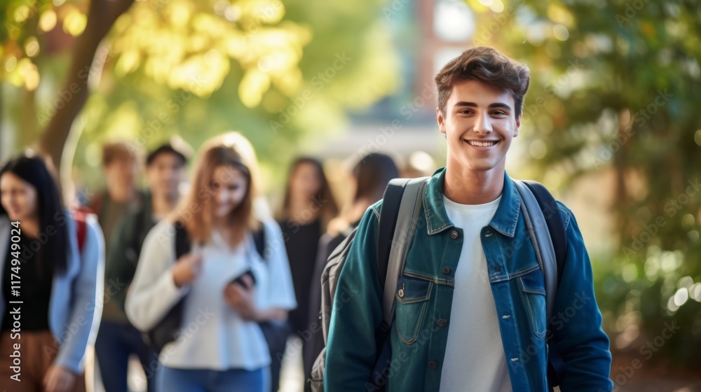 Naklejka premium young high school student together with other students in background