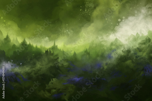 Abstract green landscape, misty mountains, atmospheric depth, digital painting, serene nature scene, artistic background.