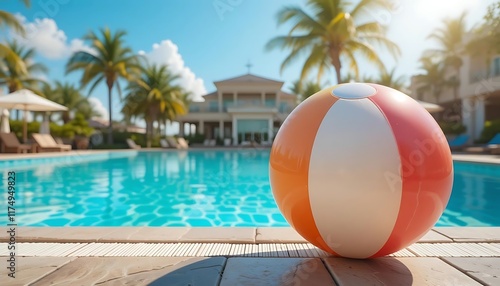 vibrant scene of a luxurious swimming pool, adorned with a colorful beach ball, creating a picturesque backdrop for perfect summer hol photo