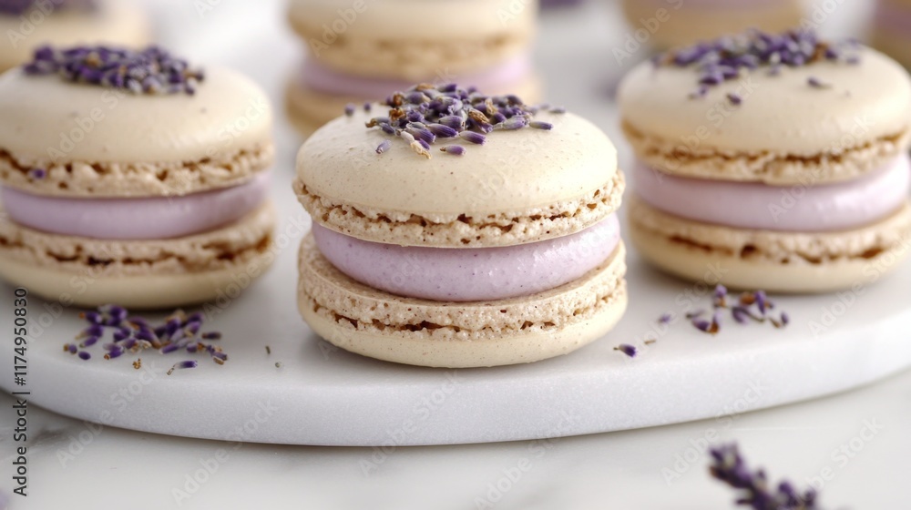 A close-up of lavender-flavored macarons, neatly arranged on a white marble plate, with dried lavender flowers scattered around for a soft, aromatic feel. A close-up of lavender-flavored macarons, neatly arranged on a white marble plate, with dried lavender flowers scattered around for a soft, aromatic feel.