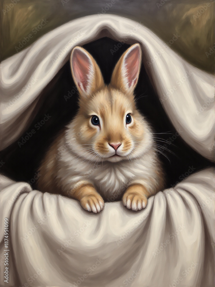 A realistic and tender portrayal of a fluffy rabbit peeking out from a soft, draped fabric, capturing a moment of curiosity and warmth. A realistic and tender portrayal of a fluffy rabbit peeking out from a soft, draped fabric, capturing a moment of curiosity and warmth.