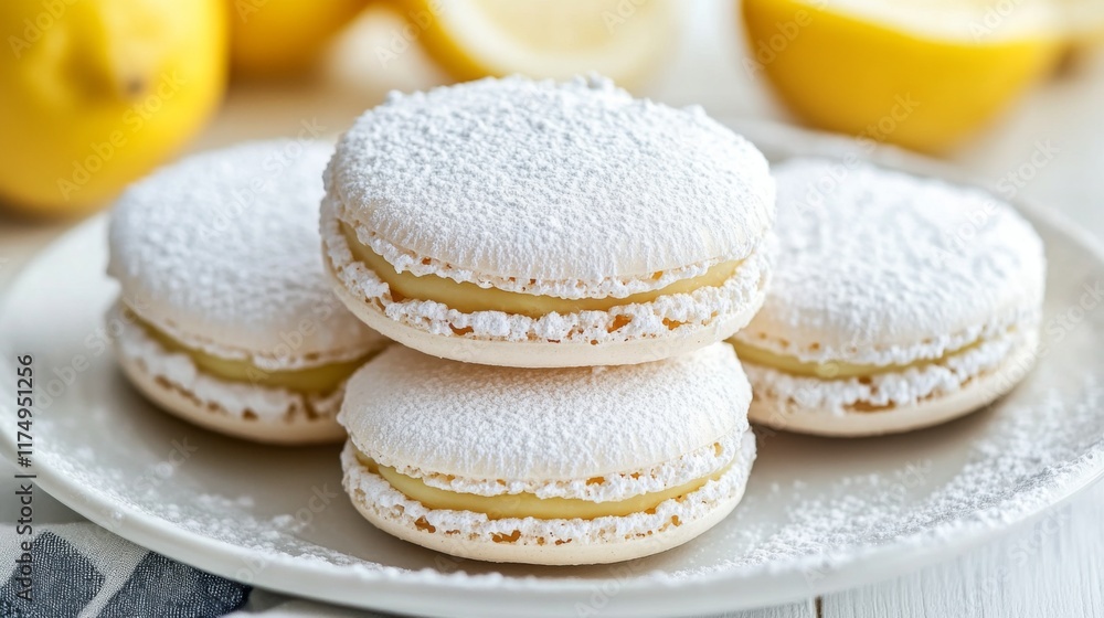 A close-up of lemon-flavored macarons with a light dusting of powdered sugar, placed on a white plate, with sliced lemons in the background for a fresh look. A close-up of lemon-flavored macarons with a light dusting of powdered sugar, placed on a white plate, with sliced lemons in the background for a fresh look.