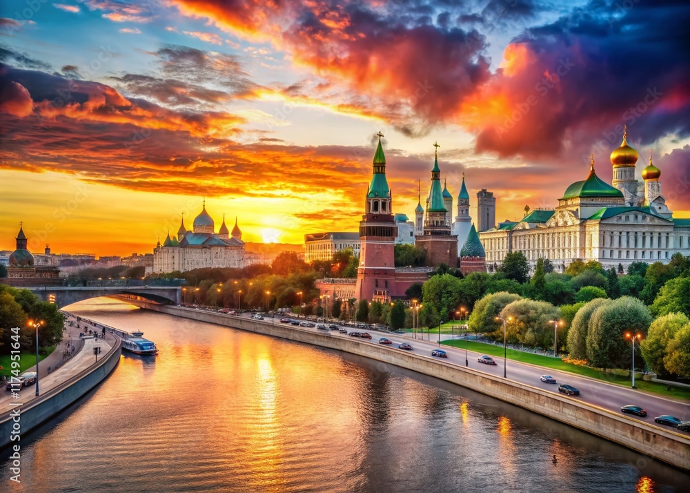 Naklejka premium Moscow Sunset Postcard: Scenic Russian Landscape at Golden Hour
