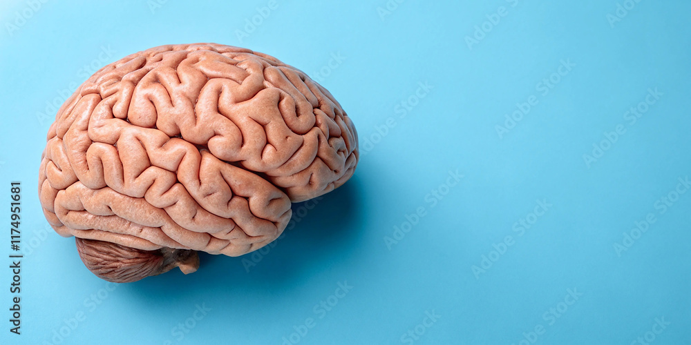 Obraz premium Human brain on blue background. Medical biological banner with copy space. Concept for neurology, psychiatry, mental health