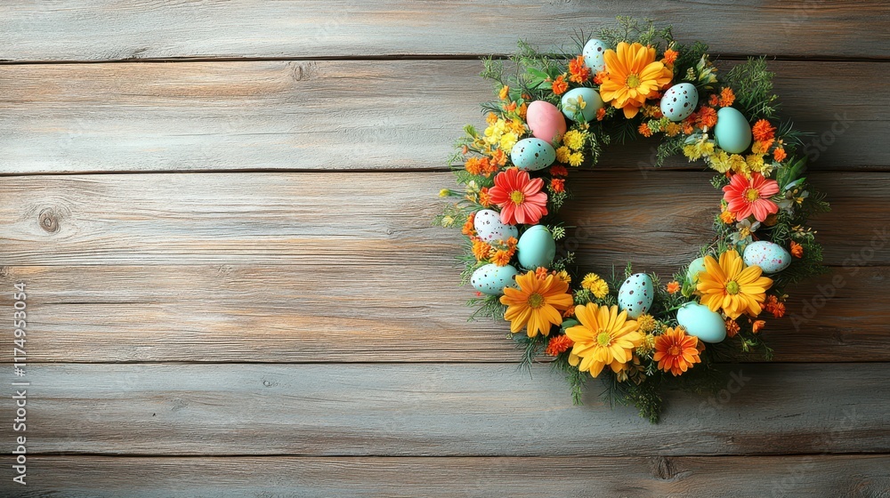 Easter Wreath with Flowers and Eggs A handcrafted Easter wreath made of twigs, pastel flowers, and mini eggs, hanging on a rustic wooden door. Easter Wreath with Flowers and Eggs A handcrafted Easter wreath made of twigs, pastel flowers, and mini eggs, hanging on a rustic wooden door.