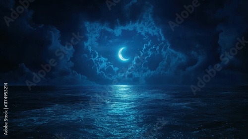 A serene crescent moon illuminates a dark blue ocean under a cloudy night sky. Ideal for relaxation, meditation, or sleep apps.