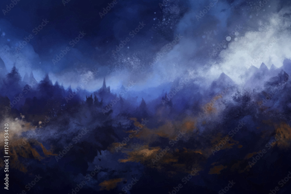 Naklejka premium Dark atmospheric landscape, misty mountains, deep blue hues, ethereal clouds, digital painting, fantasy scenery.