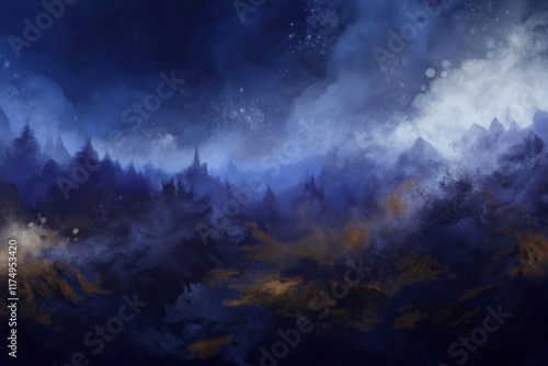 Dark atmospheric landscape, misty mountains, deep blue hues, ethereal clouds, digital painting, fantasy scenery.
