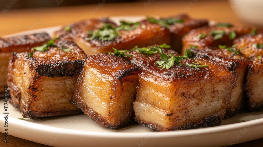 A close-up of sizzling fried pork belly pieces with a glistening layer of fish sauce, placed on a white plate with a light garnish of herbs and a soft, blurred background A close-up of sizzling fried pork belly pieces with a glistening layer of fish sauce, placed on a white plate with a light garnish of herbs and a soft, blurred background