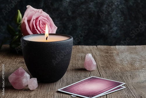 Arrangement features a lit candle, a pink rose, crystals, and tarot cards promoting serenity