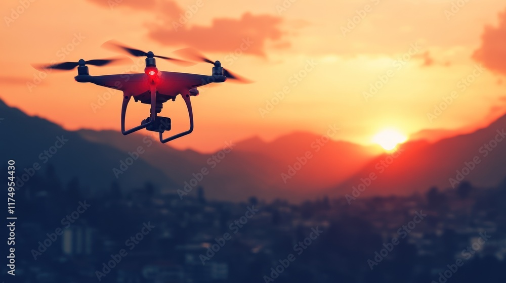 Drone Sunset Flight Over Mountainous Cityscape Drone Sunset Flight Over Mountainous Cityscape