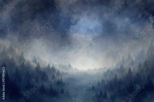 Misty mountain landscape, atmospheric fog, serene blue tones, dreamy scenery, digital painting style.