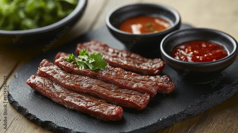 A close-up of steak strips on a black stone plate, served with dipping sauces in small bowls, with a garnish of fresh herbs and a minimalist background. A close-up of steak strips on a black stone plate, served with dipping sauces in small bowls, with a garnish of fresh herbs and a minimalist background.