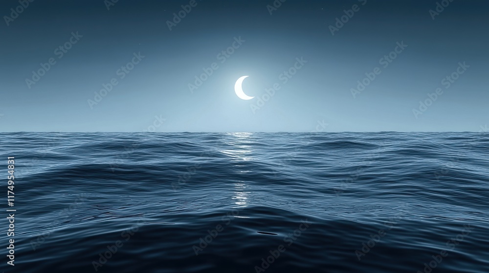 A serene crescent moon hangs over a tranquil dark blue ocean. Ideal for backgrounds websites presentations or any project evoking peace and tranquility. A serene crescent moon hangs over a tranquil dark blue ocean. Ideal for backgrounds websites presentations or any project evoking peace and tranquility.