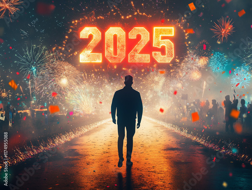 A silhouette of a man walking towards the colossal glowing 