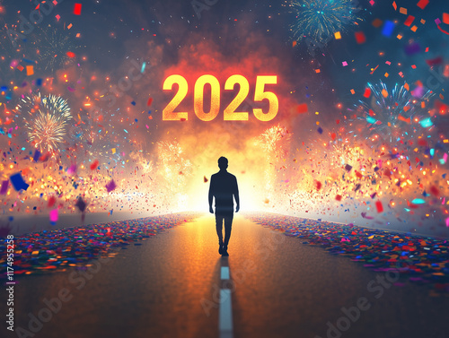 A silhouette of a man walking towards the colossal glowing 