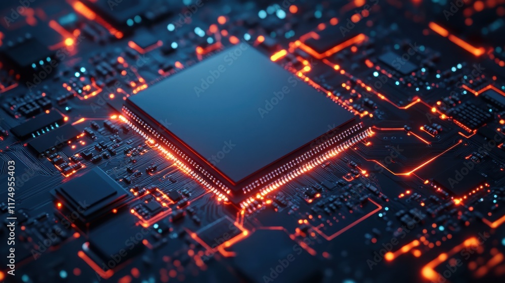 A 3D render of a CPU on a circuit board, with electric pulses leading to the processor, leaving space for branding. A 3D render of a CPU on a circuit board, with electric pulses leading to the processor, leaving space for branding.