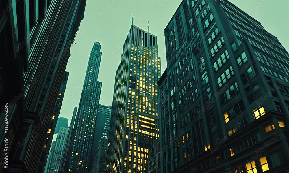 Urban skyline at dusk with illuminated buildings and a dramatic perspective. Urban skyline at dusk with illuminated buildings and a dramatic perspective.