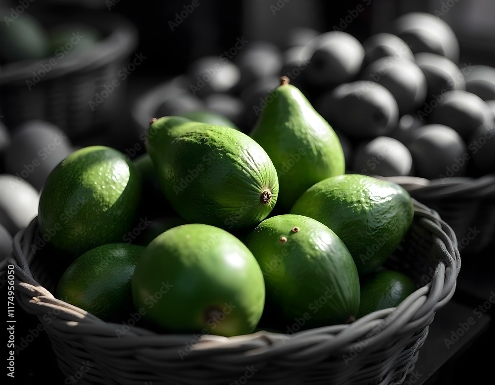 a group of avocados of various sizes and shades of green, arranged in a basket on a market stall, with sunlight filtering through nearby fruit a group of avocados of various sizes and shades of green, arranged in a basket on a market stall, with sunlight filtering through nearby fruit